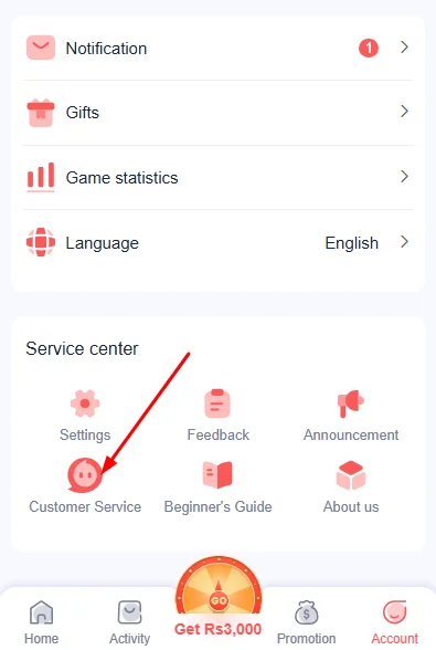 Click on the customer service option in the account section